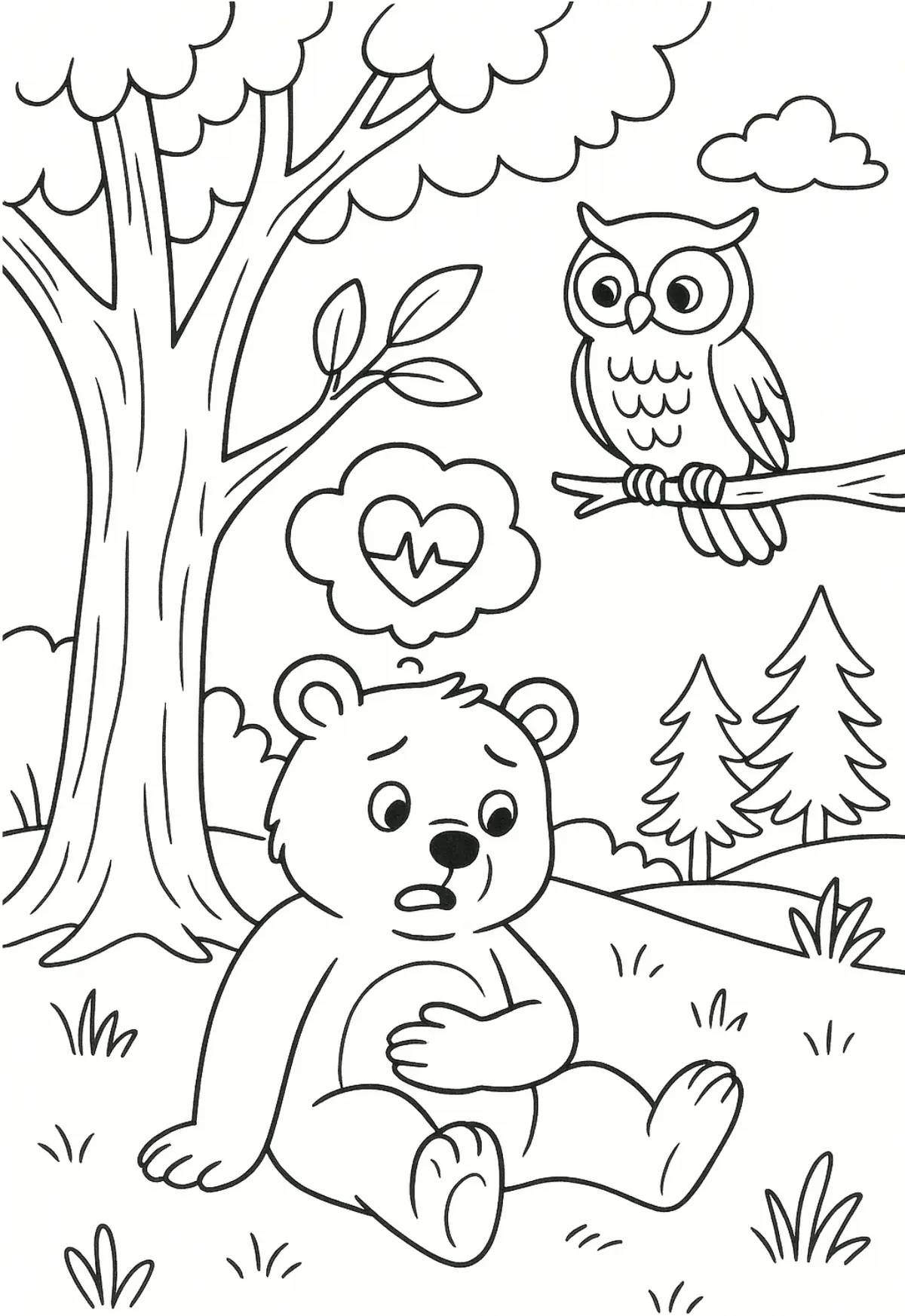 A line drawing of a worried bear sitting under a tree with a hand on his tummy, a heart in a thought cloud above him, and an owl watching from a branch.