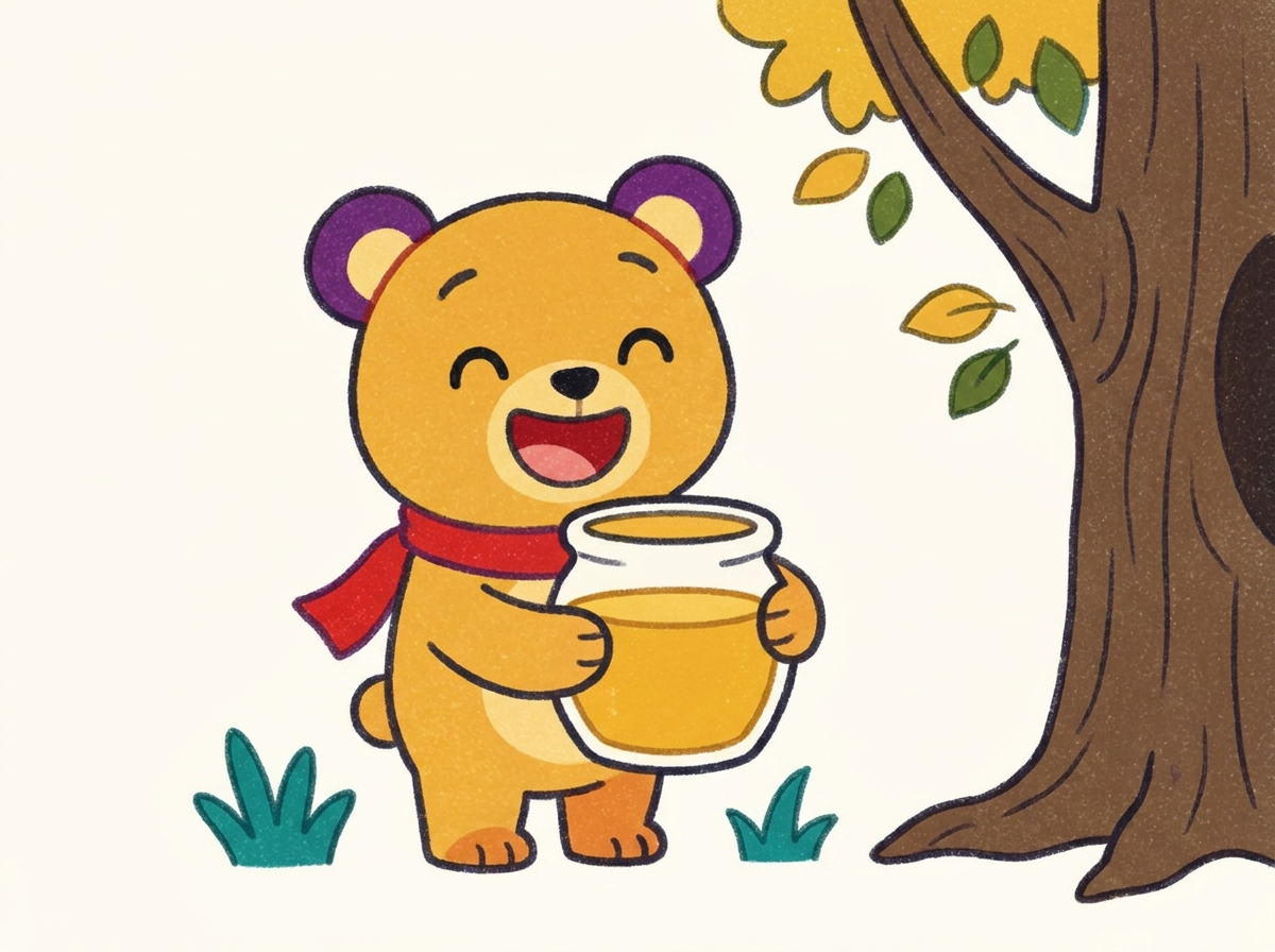 A happy bear in a red scarf holds a jar of honey beside a big tree.